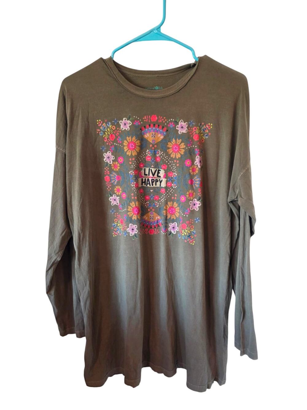 Natural Life Womens Live Happy Floral Print Long Sleeve Tee Size Medium